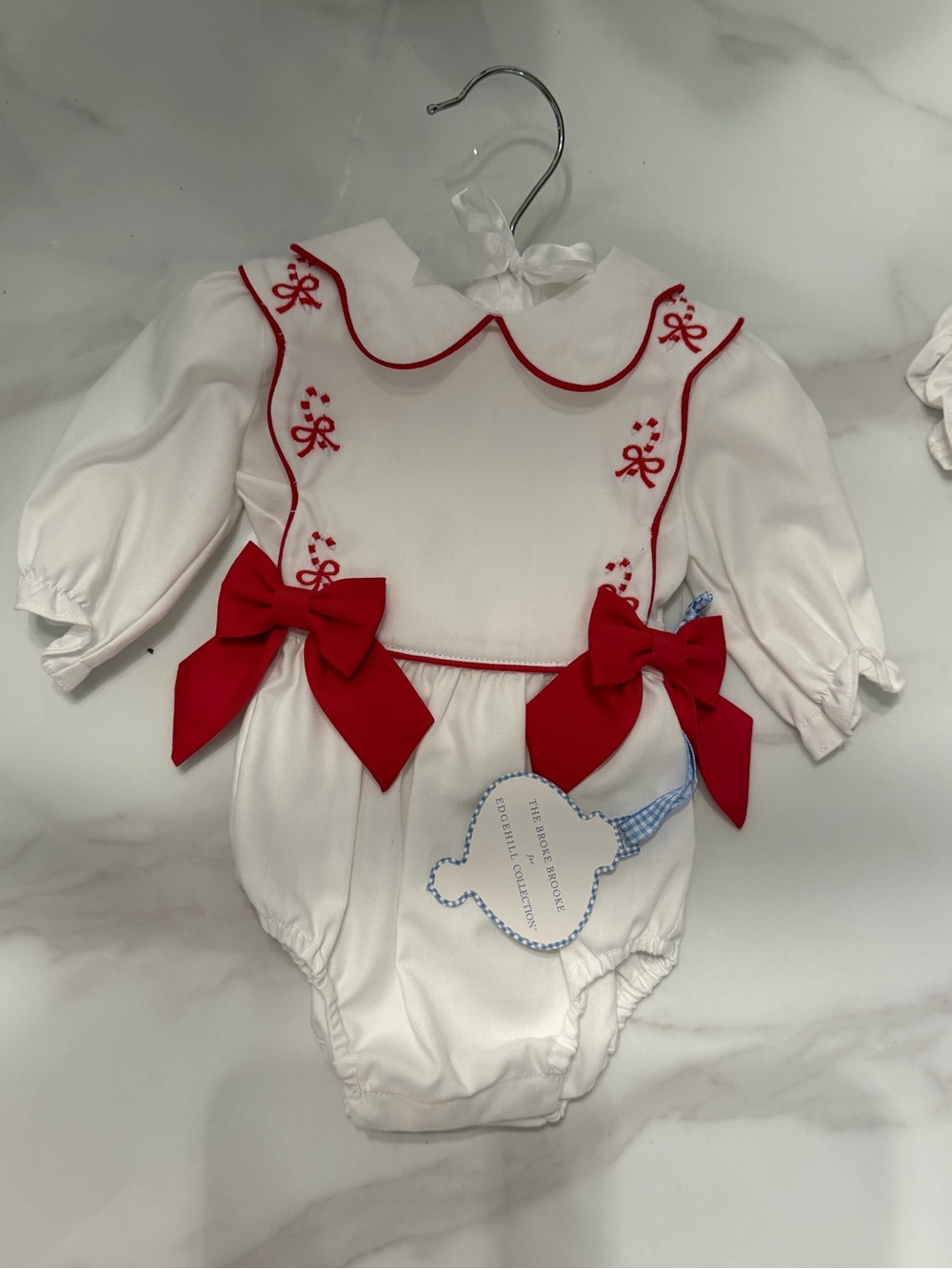 Edgehill Collection White Baby One-Piece with Red Bows - Picture 3 of 4